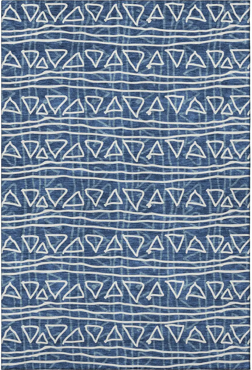 Navy Blue And Ivory Geometric Washable Area Rug With UV Protection Photo 4