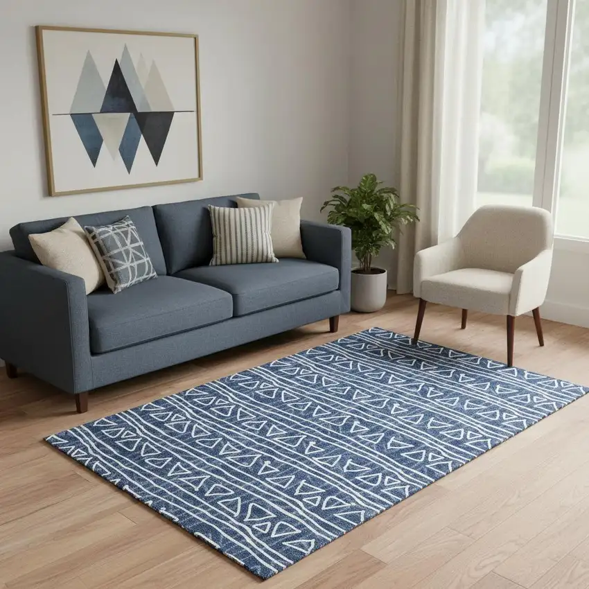 Navy Blue And Ivory Geometric Washable Area Rug With UV Protection Photo 1