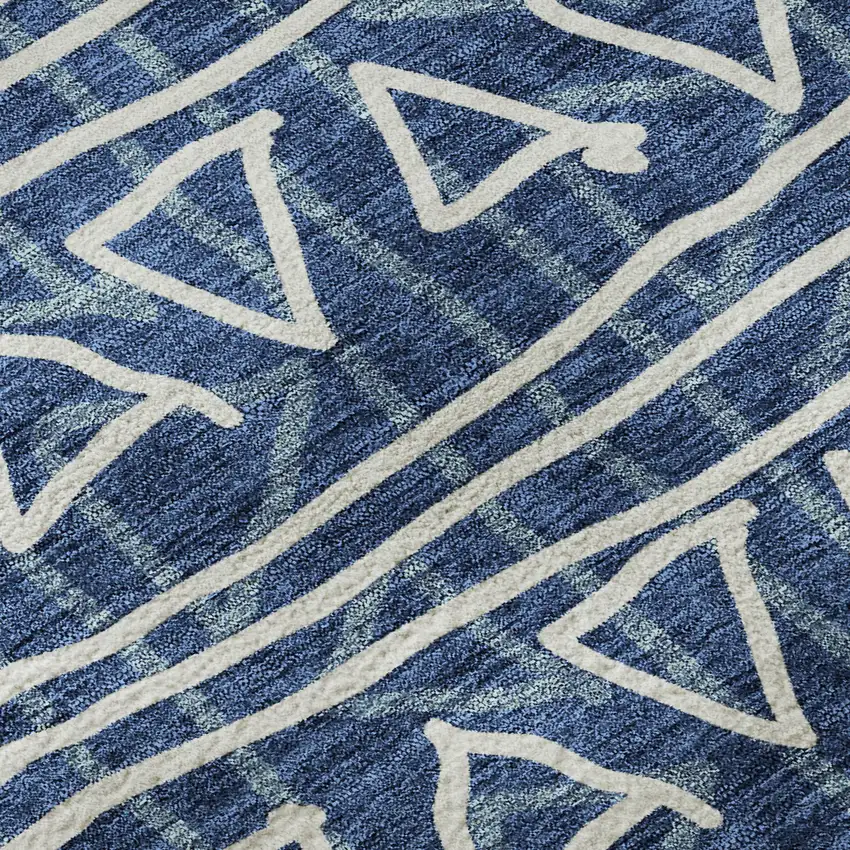 Navy Blue And Ivory Geometric Washable Area Rug With UV Protection Photo 9