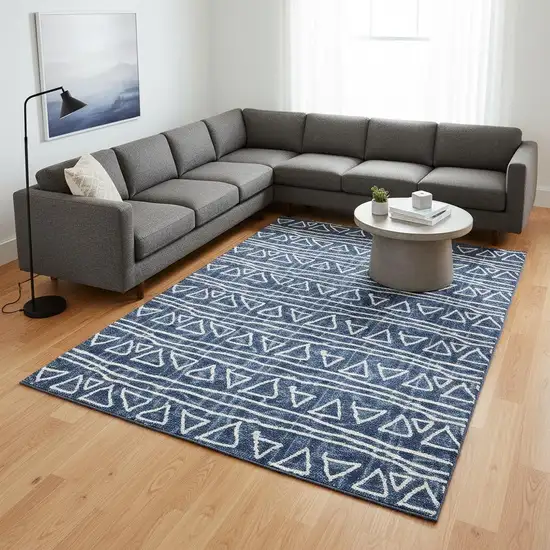 Navy Blue And Ivory Geometric Washable Area Rug With UV Protection Photo 2