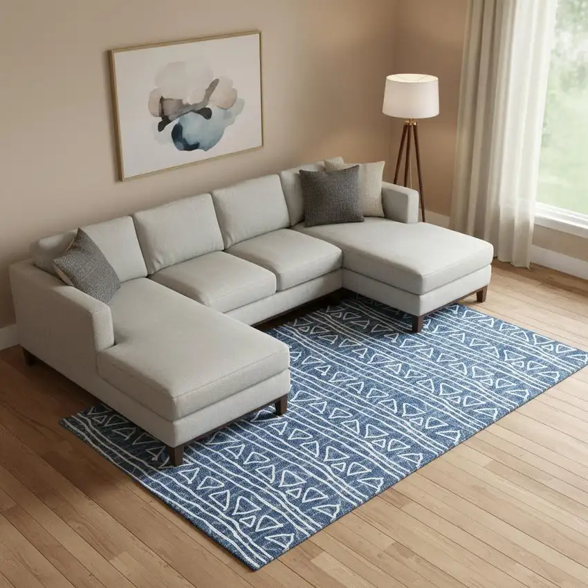 Navy Blue And Ivory Geometric Washable Area Rug With UV Protection Photo 1