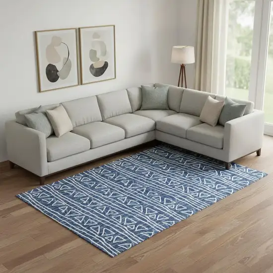 Navy Blue And Ivory Geometric Washable Area Rug With UV Protection Photo 1