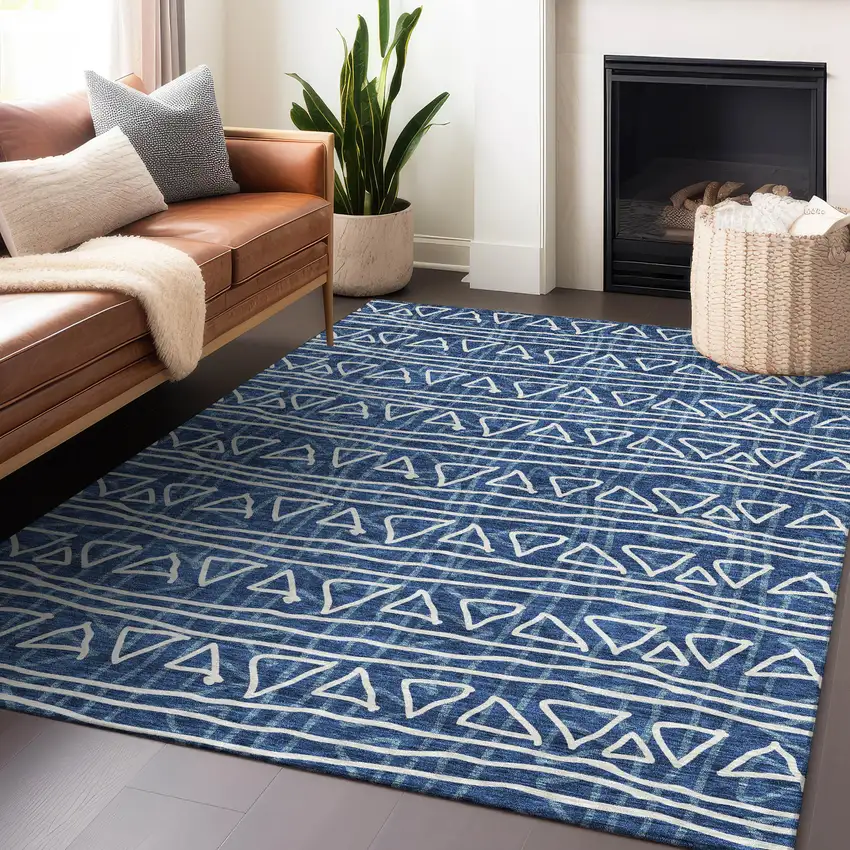 Navy Blue And Ivory Geometric Washable Area Rug With UV Protection Photo 6