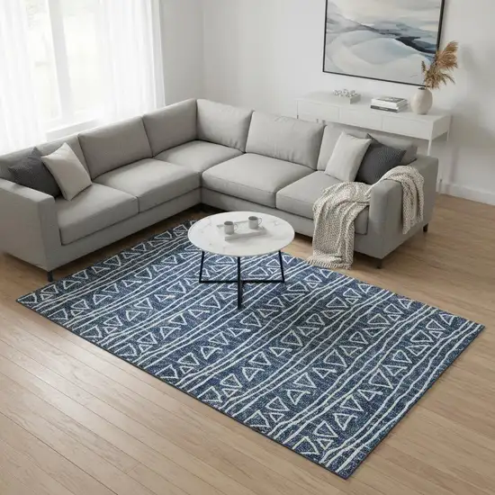 Navy Blue And Ivory Geometric Washable Area Rug With UV Protection Photo 2