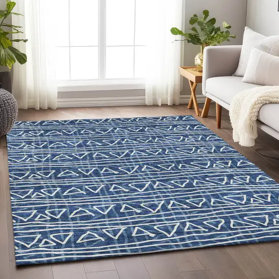 Navy Blue And Ivory Geometric Washable Area Rug With UV Protection Photo 5