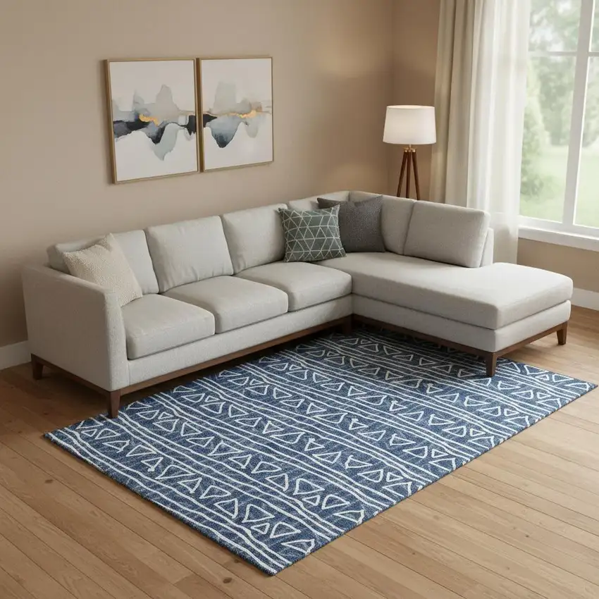 Navy Blue And Ivory Geometric Washable Area Rug With UV Protection Photo 1