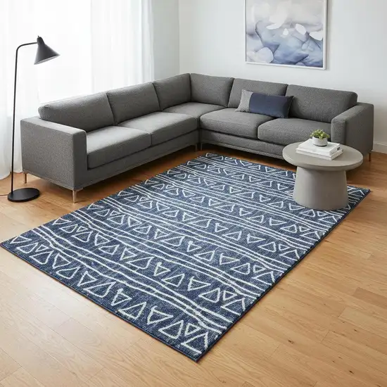 Navy Blue And Ivory Geometric Washable Area Rug With UV Protection Photo 2