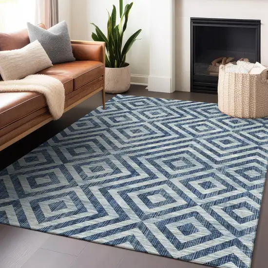 Navy Blue And Ivory Geometric Washable Area Rug With UV Protection Photo 6