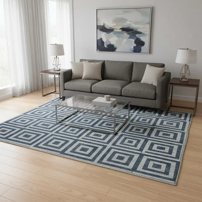 Navy Blue And Ivory Geometric Washable Area Rug With UV Protection Photo 2