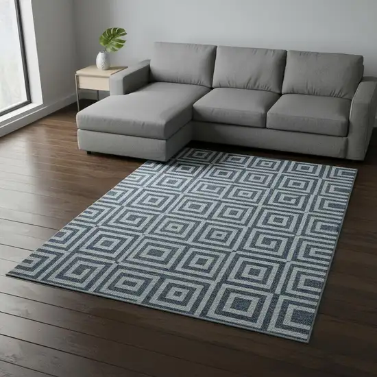 Navy Blue And Ivory Geometric Washable Area Rug With UV Protection Photo 2
