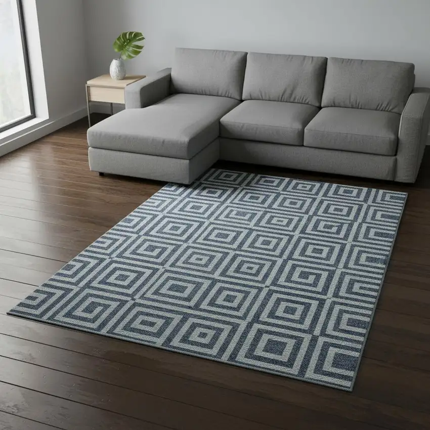 Navy Blue And Ivory Geometric Washable Area Rug With UV Protection Photo 2