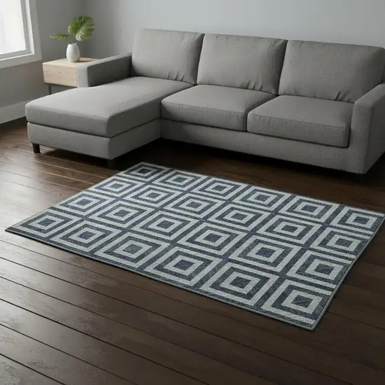 Navy Blue And Ivory Geometric Washable Area Rug With UV Protection Photo 2