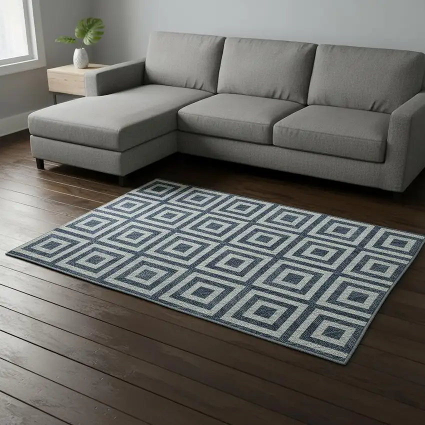 Navy Blue And Ivory Geometric Washable Area Rug With UV Protection Photo 2