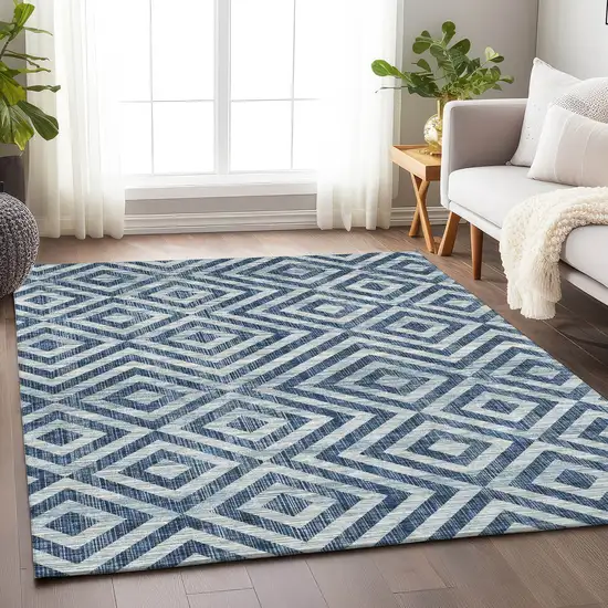 Navy Blue And Ivory Geometric Washable Area Rug With UV Protection Photo 4