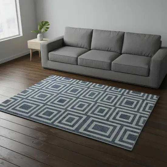 Navy Blue And Ivory Geometric Washable Area Rug With UV Protection Photo 2