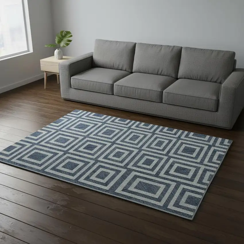 Navy Blue And Ivory Geometric Washable Area Rug With UV Protection Photo 2