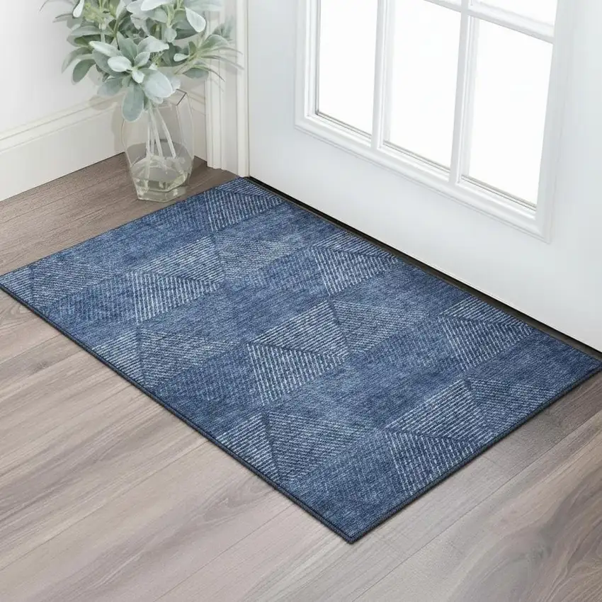 Navy Blue And Ivory Geometric Washable Area Rug With UV Protection Photo 2