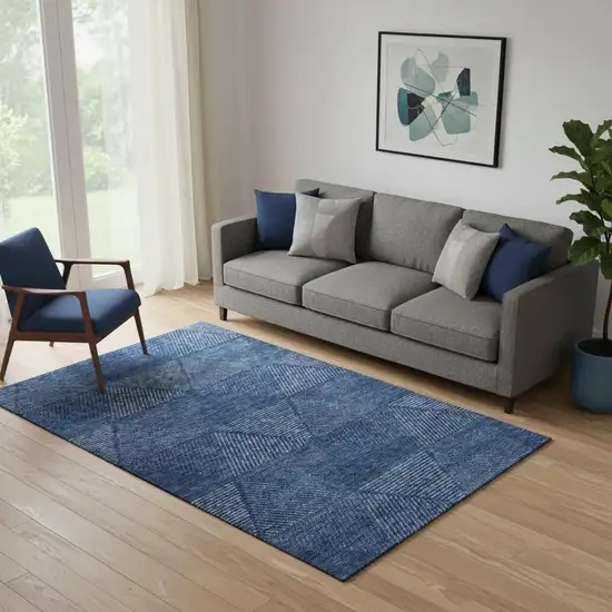 Navy Blue And Ivory Geometric Washable Area Rug With UV Protection Photo 1