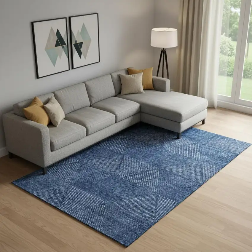 Navy Blue And Ivory Geometric Washable Area Rug With UV Protection Photo 1