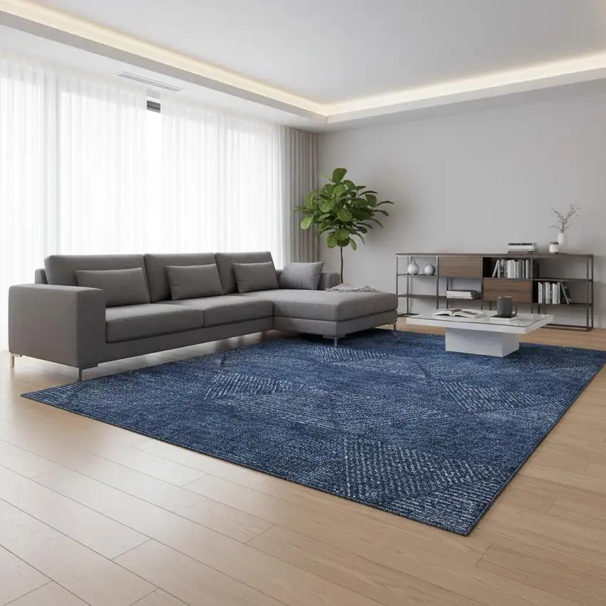 Navy Blue And Ivory Geometric Washable Area Rug With UV Protection Photo 2