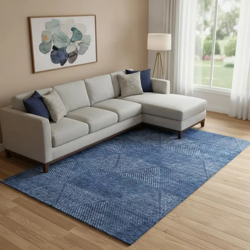 Navy Blue And Ivory Geometric Washable Area Rug With UV Protection Photo 1