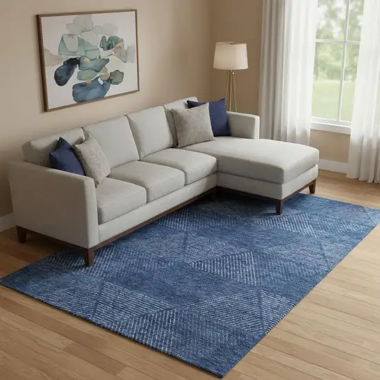 Navy Blue And Ivory Geometric Washable Area Rug With UV Protection Photo 1