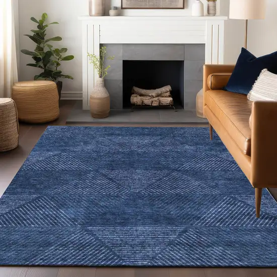 Navy Blue And Ivory Geometric Washable Area Rug With UV Protection Photo 6