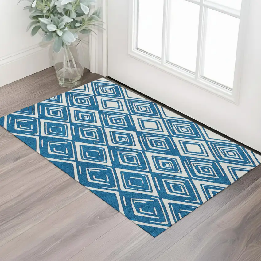 Navy Blue And Ivory Geometric Washable Area Rug With UV Protection Photo 1