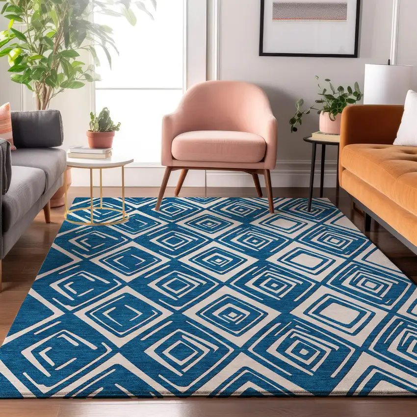 Navy Blue And Ivory Geometric Washable Area Rug With UV Protection Photo 6