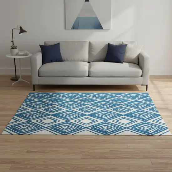 Navy Blue And Ivory Geometric Washable Area Rug With UV Protection Photo 1