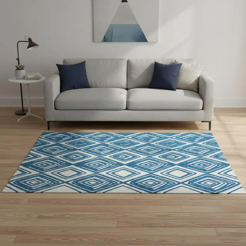 Navy Blue And Ivory Geometric Washable Area Rug With UV Protection Photo 1