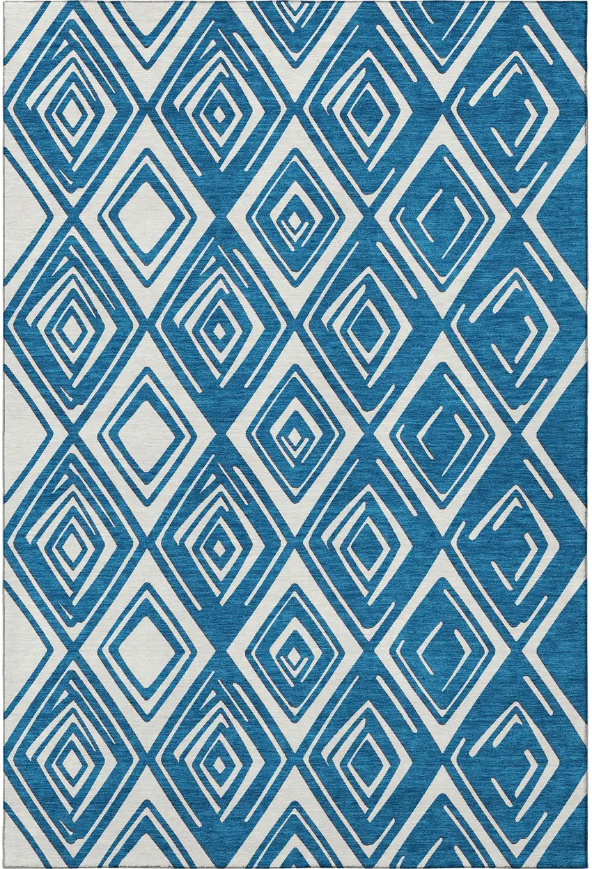 Navy Blue And Ivory Geometric Washable Area Rug With UV Protection Photo 5