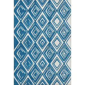 Photo of Navy Blue And Ivory Geometric Washable Area Rug With UV Protection