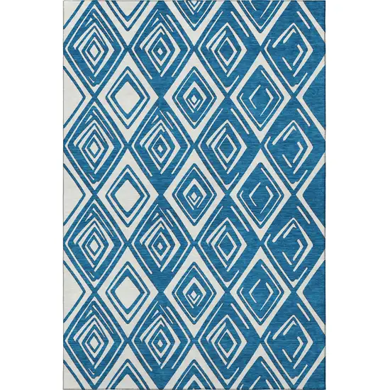Navy Blue And Ivory Geometric Washable Area Rug With UV Protection Photo 5