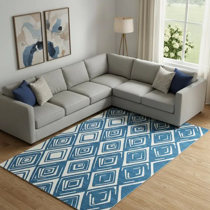 Navy Blue And Ivory Geometric Washable Area Rug With UV Protection Photo 1