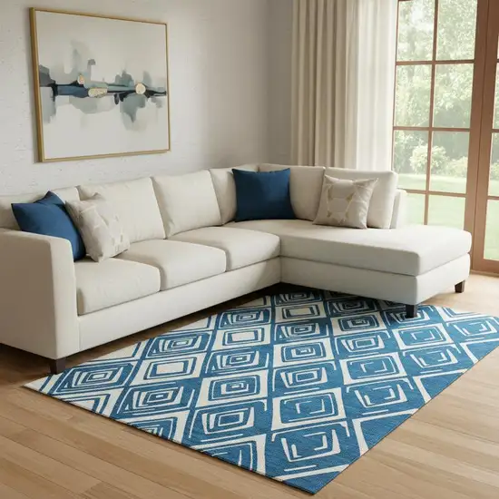 Navy Blue And Ivory Geometric Washable Area Rug With UV Protection Photo 1