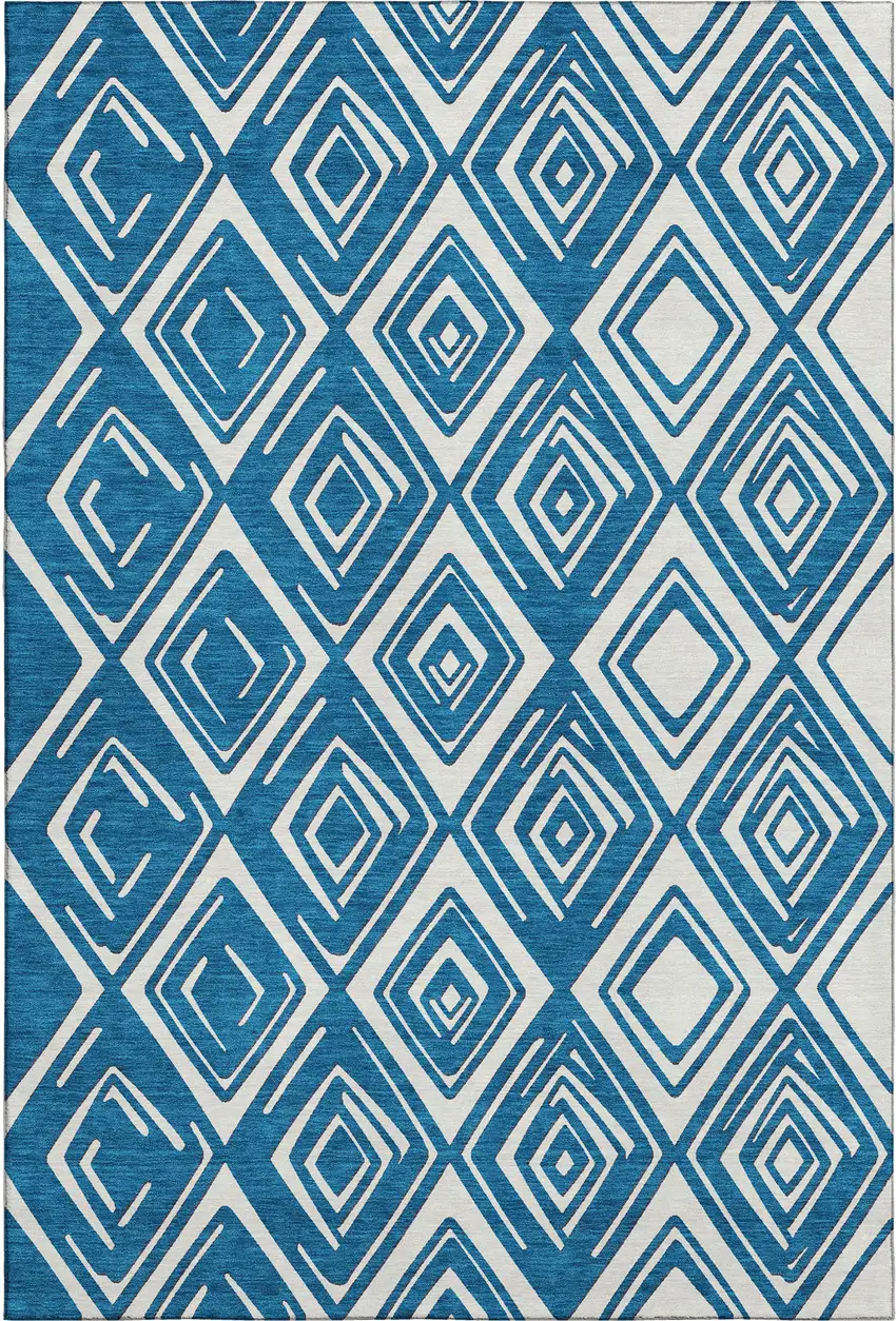 Navy Blue And Ivory Geometric Washable Area Rug With UV Protection Photo 2