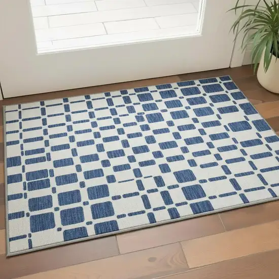 Navy Blue And Ivory Geometric Washable Area Rug With UV Protection Photo 2