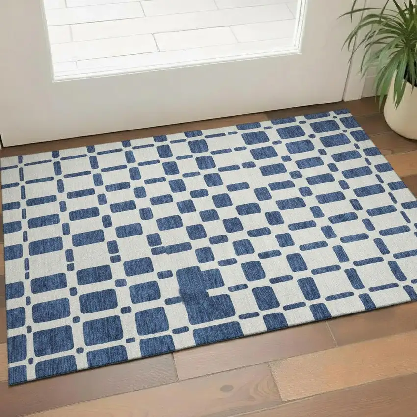 Navy Blue And Ivory Geometric Washable Area Rug With UV Protection Photo 1