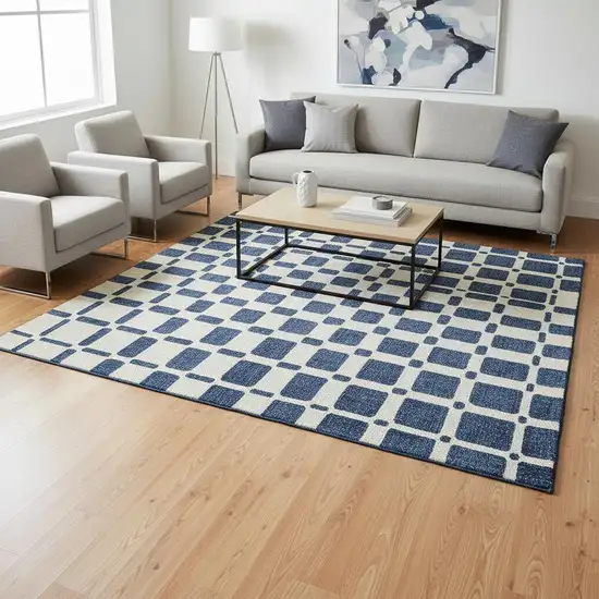 Navy Blue And Ivory Geometric Washable Area Rug With UV Protection Photo 2