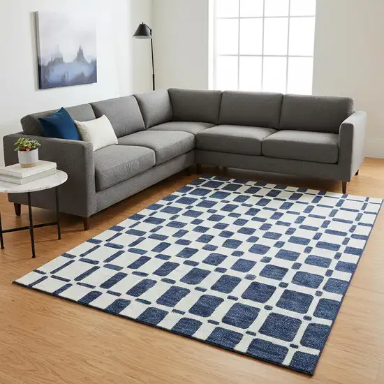 Navy Blue And Ivory Geometric Washable Area Rug With UV Protection Photo 2