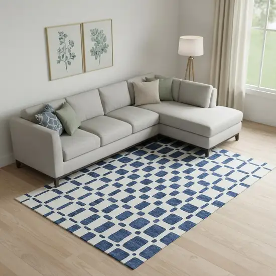 Navy Blue And Ivory Geometric Washable Area Rug With UV Protection Photo 1