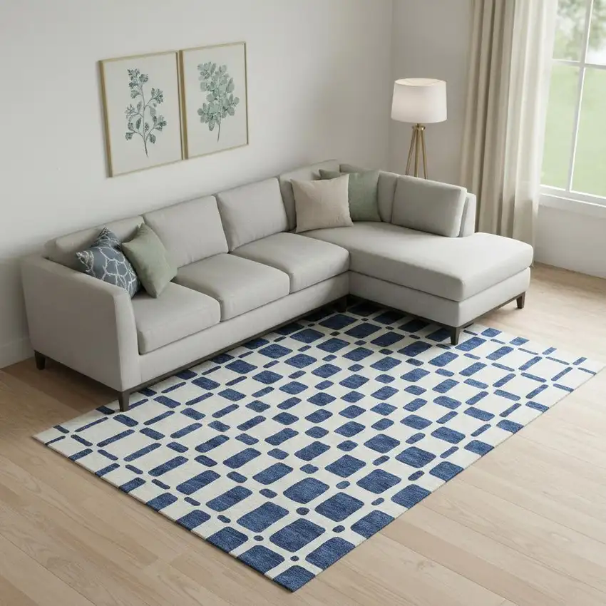 Navy Blue And Ivory Geometric Washable Area Rug With UV Protection Photo 1