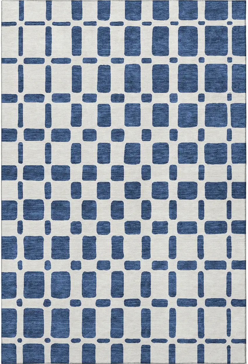 Navy Blue And Ivory Geometric Washable Area Rug With UV Protection Photo 3