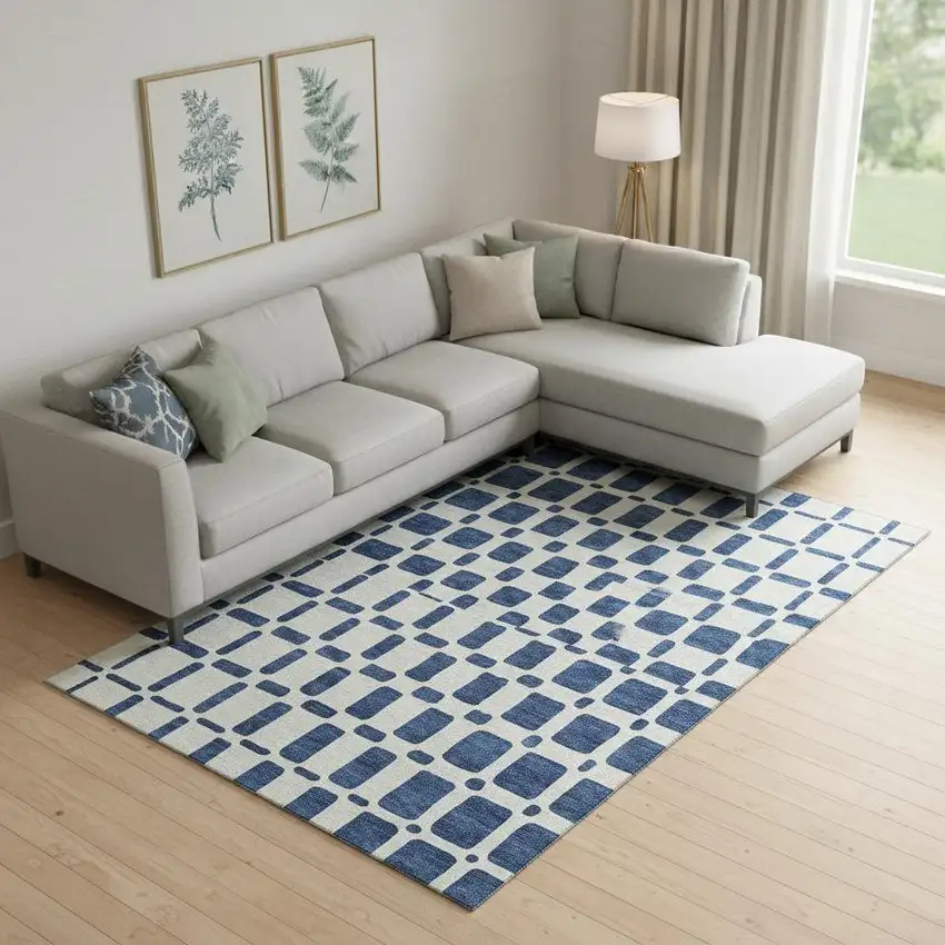 Navy Blue And Ivory Geometric Washable Area Rug With UV Protection Photo 1