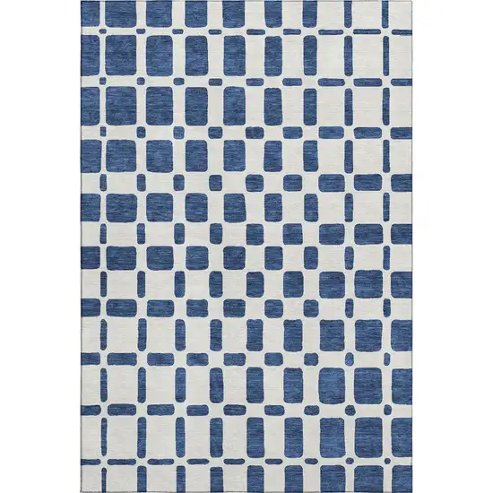 Navy Blue And Ivory Geometric Washable Area Rug With UV Protection Photo 1