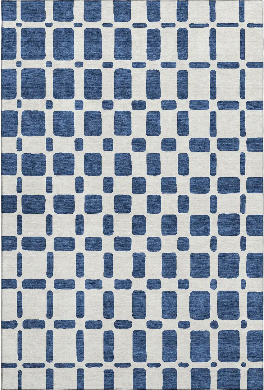 Navy Blue And Ivory Geometric Washable Area Rug With UV Protection Photo 1