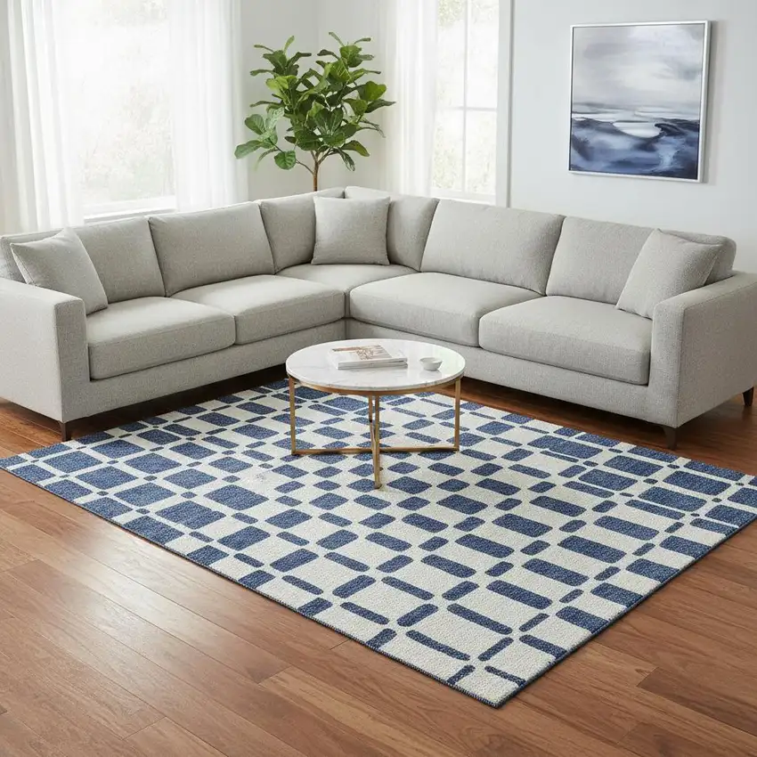 Navy Blue And Ivory Geometric Washable Area Rug With UV Protection Photo 2