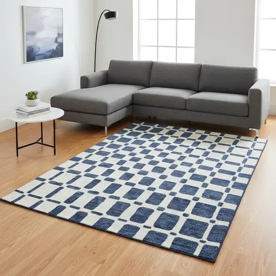 Navy Blue And Ivory Geometric Washable Area Rug With UV Protection Photo 2