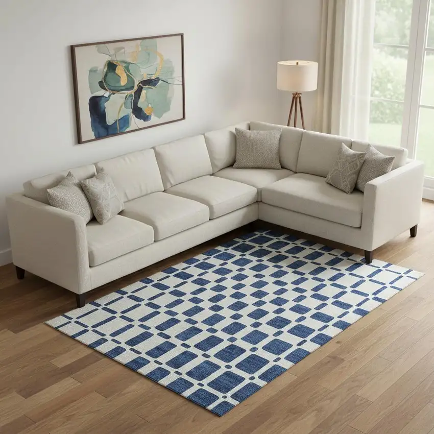 Navy Blue And Ivory Geometric Washable Area Rug With UV Protection Photo 1